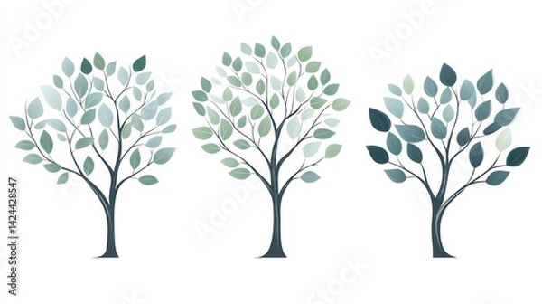 Fototapeta Three stylized trees, various greens, white background, nature illustration, website design