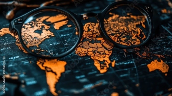 Obraz World map through eyeglasses, travel concept