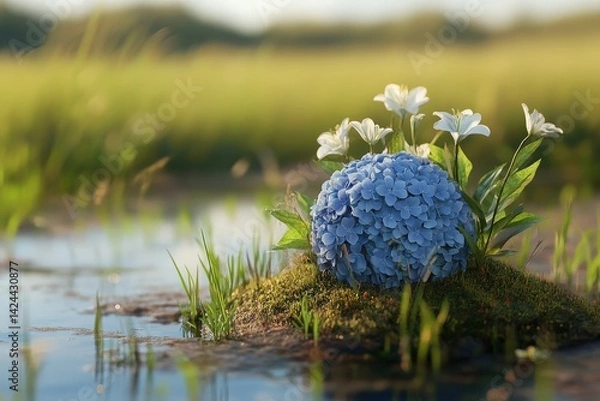 Fototapeta Delicate hydrangea sphere nestled in a mossy meadow by a tranquil pond.