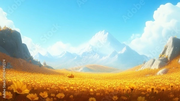 Obraz Sunny meadow landscape with mountains and wildflowers