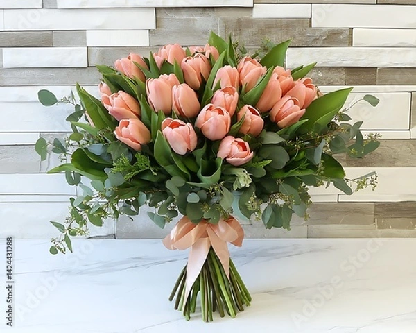 Obraz Pink Tulips Bouquet on Stone Wall