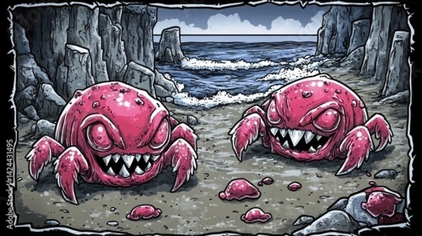 Obraz Pink monster crabs clash on rocky beach, stormy ocean background