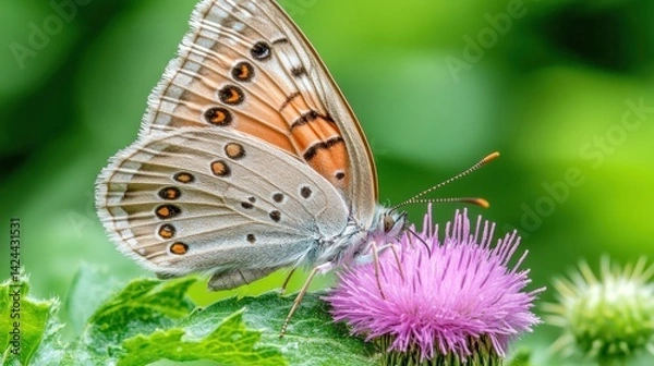 Obraz Close-up butterfly feeding on thistle flower in garden