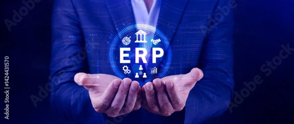 Fototapeta ERP Concept, Enterprise resource planning concept, analyzing ERP system on virtual screen, Connections between business intelligence, HR and CRM modules.