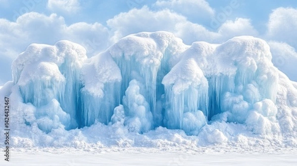 Obraz Frozen icicles formations, winter landscape, snow-covered ice sculptures, dramatic sky