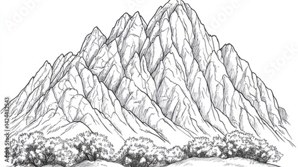 Obraz Mountain range sketch, landscape, nature, detailed drawing
