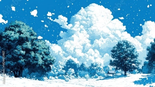 Obraz Pixel art winter landscape with puffy clouds