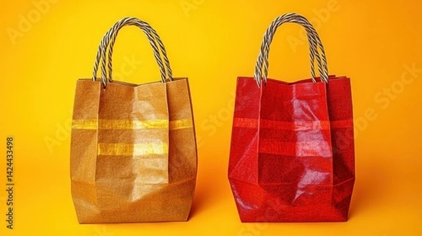 Obraz Two colorful shopping bags on vibrant yellow background