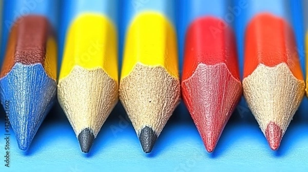 Fototapeta Colorful pencils arranged in a row on a blue surface