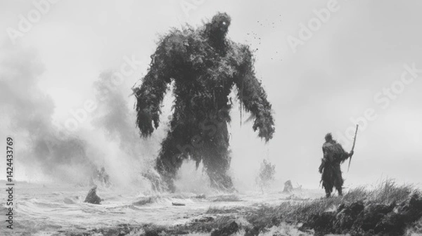 Obraz Giant creature clashing with warrior on wintry shore
