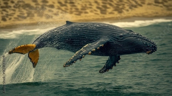 Obraz Humpback whale leaping in ocean waves, sandy beach background. Possible use wildlife photography
