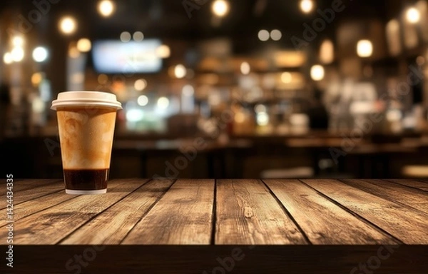 Obraz Wooden table with coffee cup in a cafe