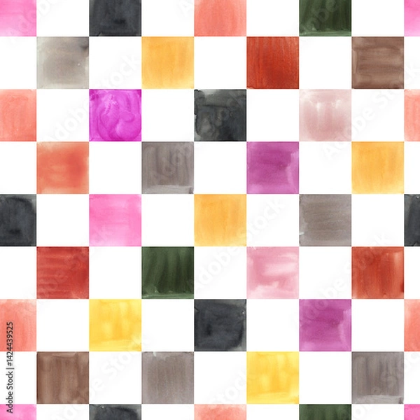 Fototapeta Seamless pattern - colorful checkerboard in sketch style. Hand-drawn minimalist background