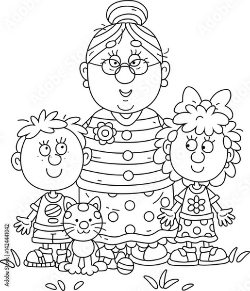 Fototapeta Happy grandma embracing her little grandson and granddaughter with their small cat, black and white outline vector cartoon illustration for a coloring book