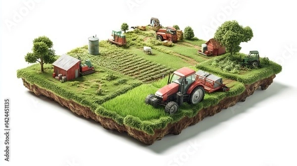 Fototapeta Green farm plot with crops and tractor 3D render Smart farm model isolated on white background