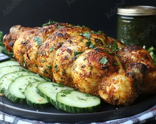 Obraz Roasted Chicken, Cucumber Slices, Sauce