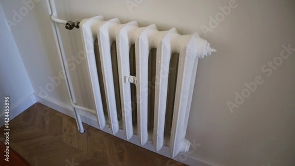 Fototapeta White cast iron radiator mounted on a wall, connected to central heating pipes, inside a modern apartment with wooden flooring. Classic heating system design in a residential interior.