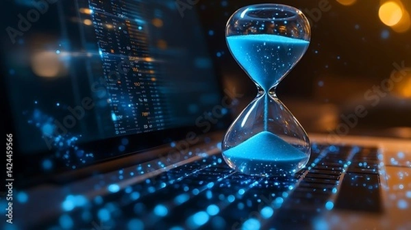 Fototapeta Glowing Hourglass on Laptop Keyboard, A glowing hourglass with blue sand sits on a laptop keyboard, symbolizing time and technology