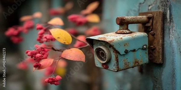 Obraz Rusty security camera, autumn leaves