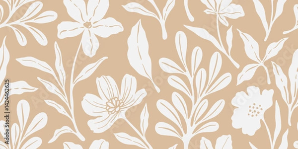 Obraz Leaves branch and Hand Drawn doodle Scribble floral plants banner, seamless pattern. Creative minimalist Abstract art background. Design wall decoration, postcard, poster and brochure