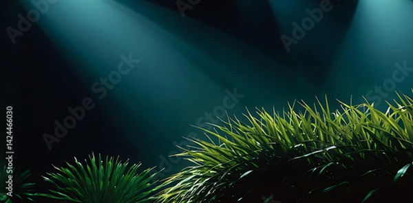 Obraz Green plants under bright rays of light on dark wide background