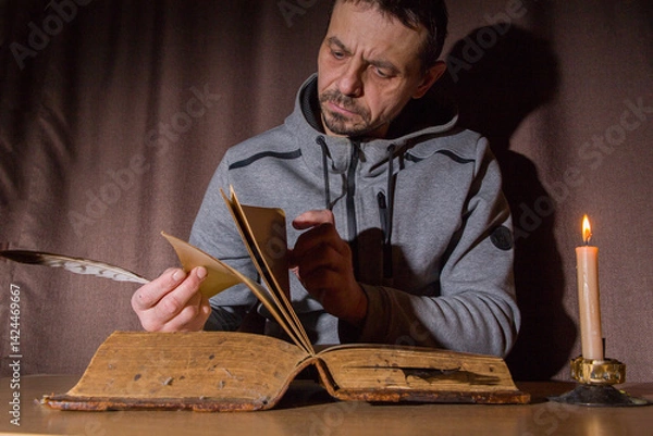 Fototapeta A European man reads an ancient book.