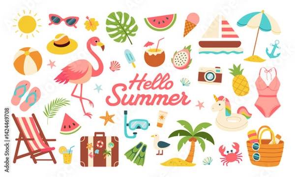 Obraz A colorful image of a beach scene with a flamingo, umbrella, and other beach items. The image is titled "Hello Summer" and is meant to evoke feelings of relaxation and fun