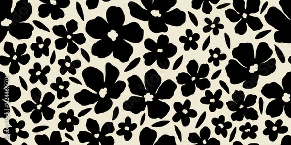 Obraz Seamless pattern painting flowers and leaves background vector. Wallpaper design with hand draw retro flowers, bouquets, leaves. Vintage botanical floral pattern, fabric and retro texture