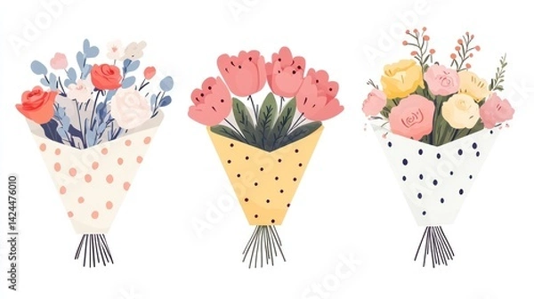 Obraz Three floral bouquets, spring flowers, gift wrapping, white background, website design