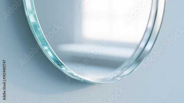 Fototapeta close-up of minimalist round mirror reflecting soft natural light on plain wall background