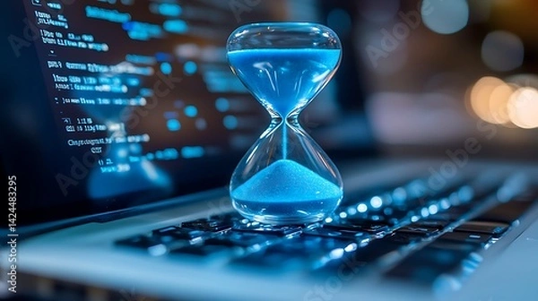 Fototapeta Blue Sand Hourglass on Desk with Laptop, A blue sand hourglass on a desk with a blurred laptop in the background