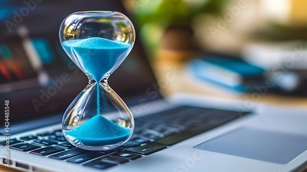 Fototapeta Blue Sand Hourglass on Desk with Laptop, A blue sand hourglass on a desk with a blurred laptop in the background
