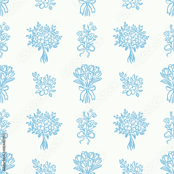 Fototapeta Seamless vector pattern with blue floral bouquets and flower arrangements on light background. Hand-drawn line art style. Spring design for wallpaper, textile, invitation, wrapping paper.