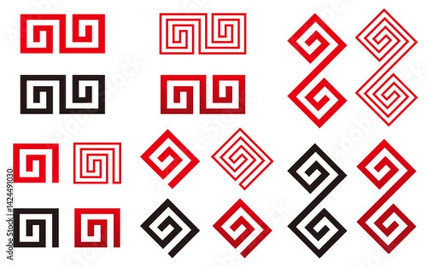 Obraz 豊作の象徴、魔除け、ラーメンの鉢の模様、幾何学模様、稲妻紋とも呼ばれる雷紋のイラスト素材セット