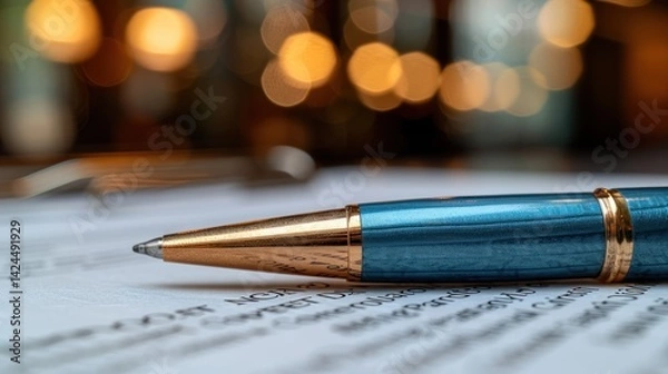Obraz A beautiful blue pen lies on neatly arranged papers surrounded by warm, ambient light