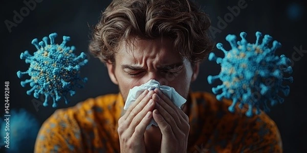 Fototapeta A person struggles with symptoms of illness while surrounded by virus particles
