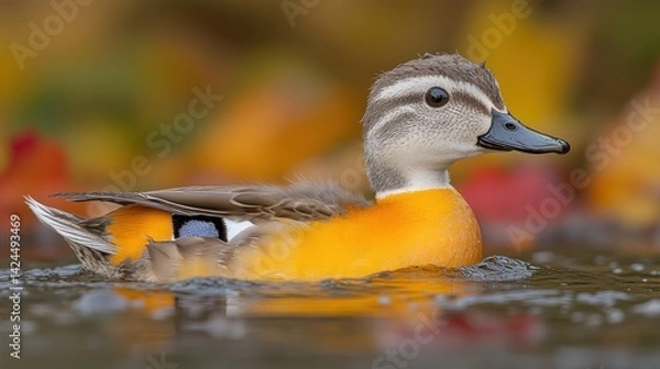 Obraz A vibrant drake glides effortlessly on calm waters surrounded by fallen autumn foliage