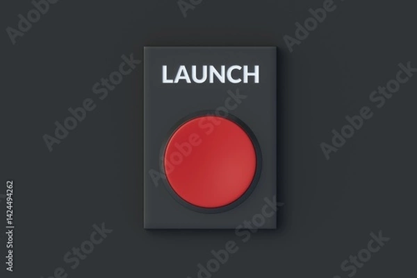 Fototapeta Launch word on red button on black background. Nuclear weapons. Start new business. Top view. 3d render