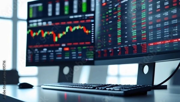 Fototapeta Keyboard and monitor setup with real-time stock trading software running