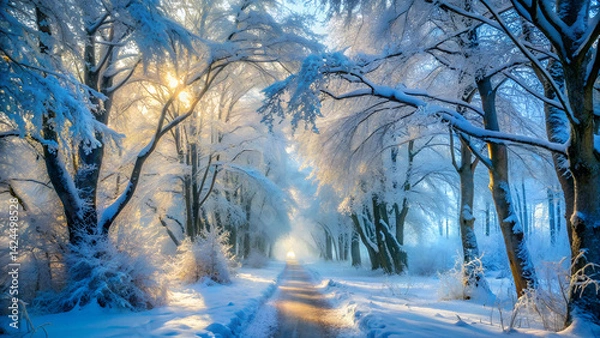 Fototapeta winter wonderland, snow-covered trees, magical forest path, glowing sunlight, frosty branches, ethereal atmosphere, foggy mist, enchanted woodland, blue and white color palette, dreamy landscape
