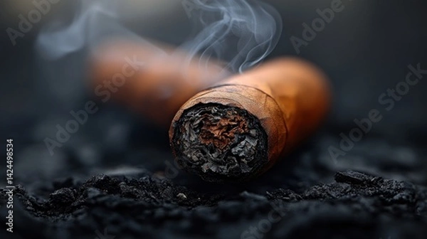 Obraz A hand-rolled cigar rests in deep ashes, releasing tendrils of smoke into the air