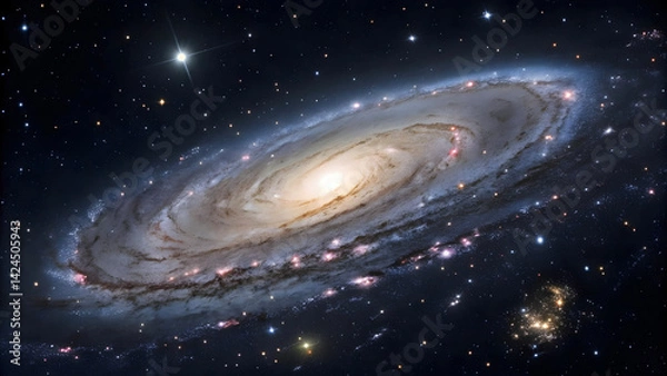 Fototapeta Spectacular Spiral Galaxy Featuring a Bright Core and Swirling Arms set Against Starry Sky, Ideal for Science, Space Exploration, and Cosmic Wonder Themes.