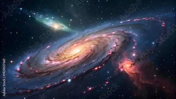 Fototapeta Dramatic spiral galaxy with bright nucleus and swirling arms, cosmic dust and starlight, suitable for astronomy education, sci-fi concept art, or illustrating the vastness of the universe.