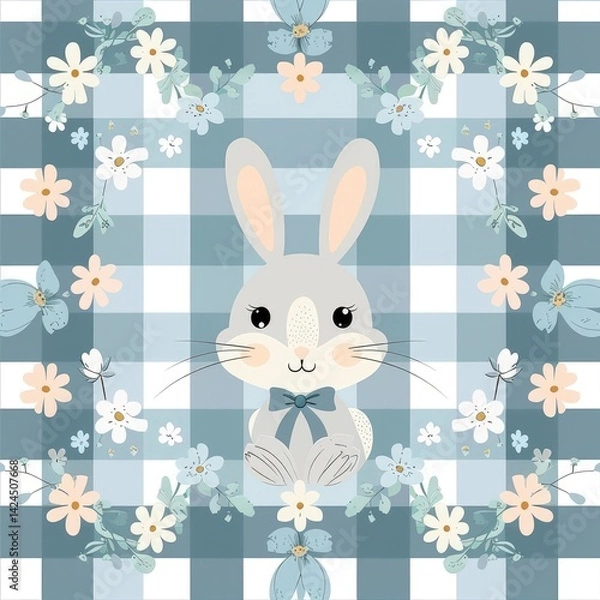 Obraz Pastel geometric Easter pattern with Easter bunnies, eggs, and floral designs