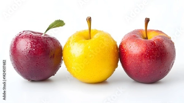 Fototapeta Fresh wet apples with leaf arranged on white background