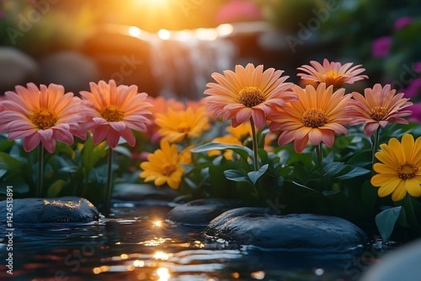 Obraz Sunset Flowers by Water Feature