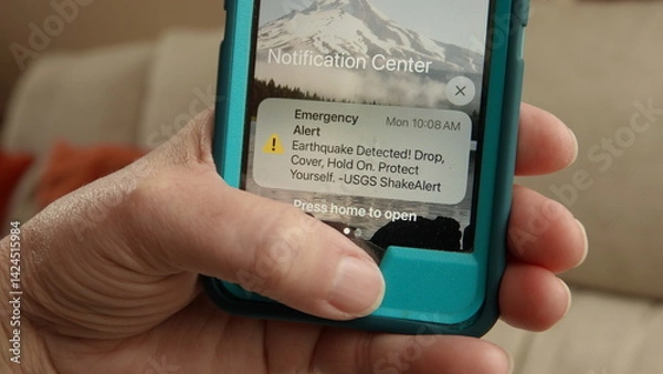 Fototapeta Close up of a hand holding a phone with an emergency earthquake alert displayed on screen