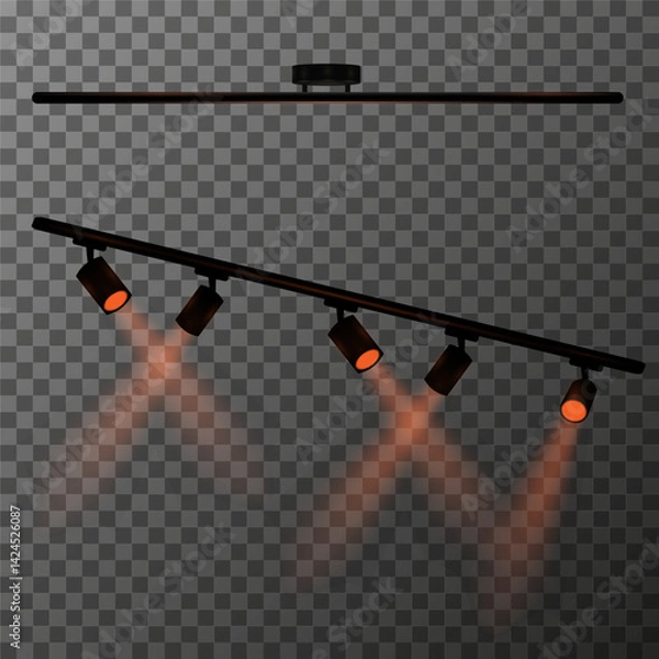 Fototapeta Various components of professional lighting equipment for stage or studio on transparent background. Horizontal rail with five spotlights with orange backlight. Vector illustration Eps10.