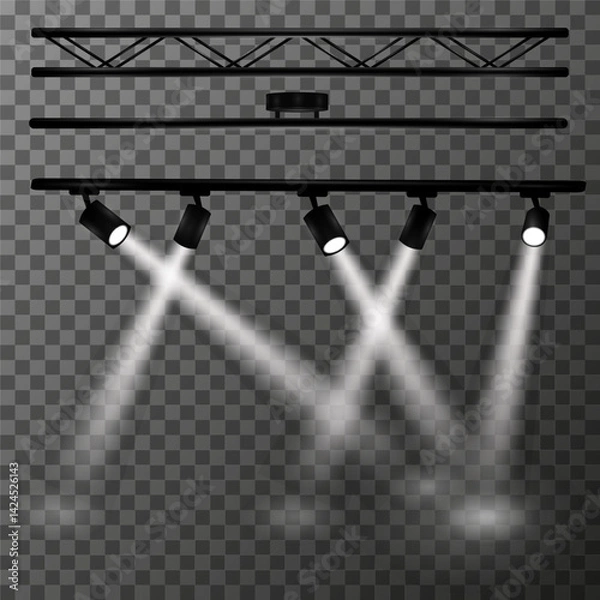 Fototapeta Various components of professional stage or studio equipment on transparent background. Triangular metal truss and horizontal rail lighting system with five spotlights. Vector illustration Eps10.