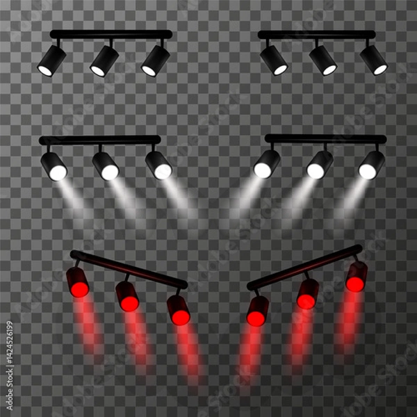 Fototapeta Set of lamps, spotlights of different colors: white, and red. Light rays have a realistic blurred effect. Composition of using track lights for accent lighting. Vector illustration EPS10.